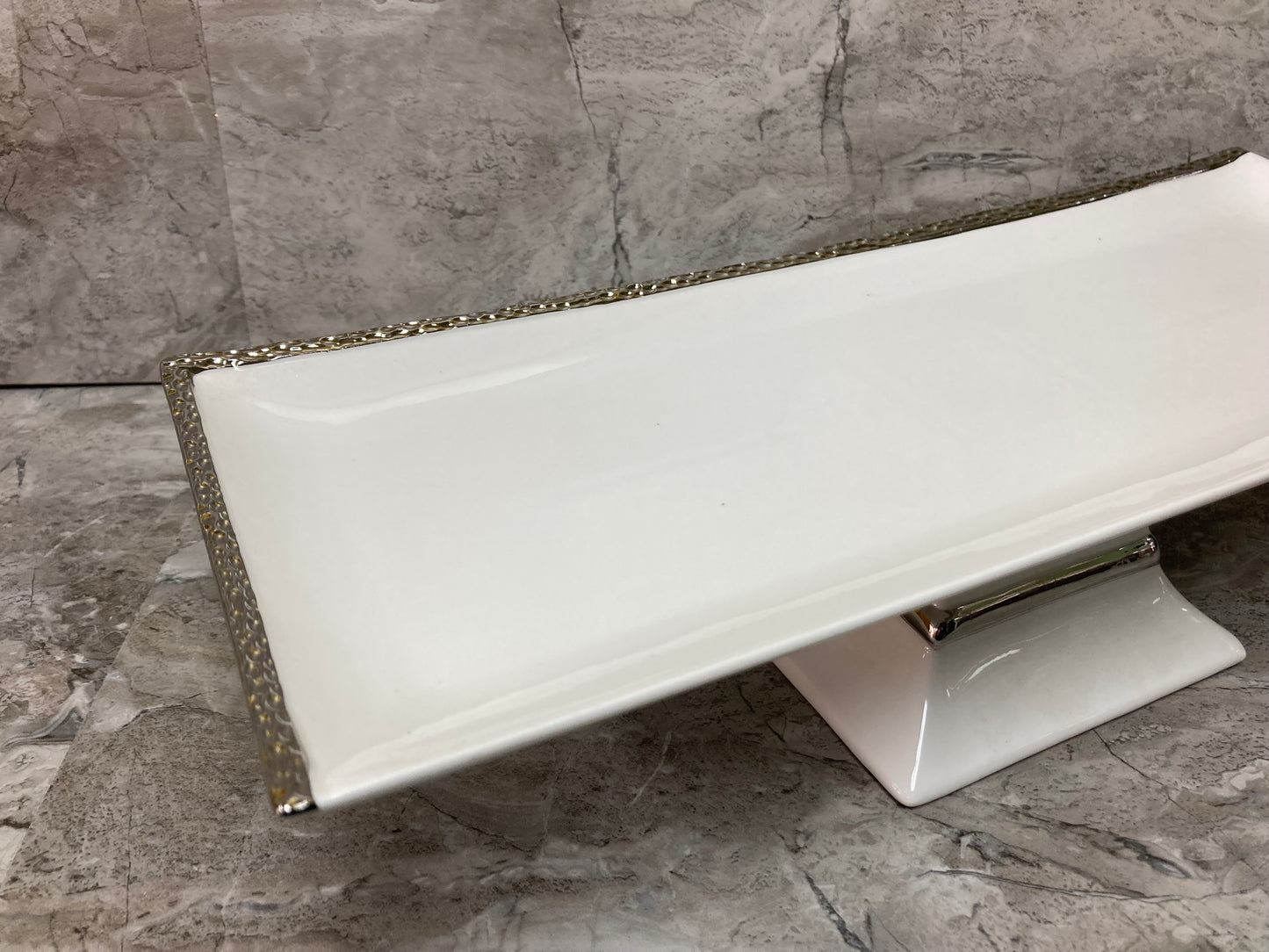 Elegant Rectangular White Ceramic Serving Platter Tray footed with silver rim Table top Dish.
