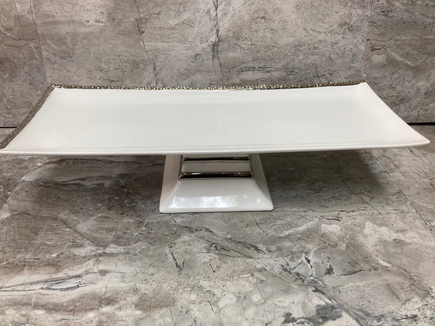 Elegant Rectangular White Ceramic Serving Platter Tray footed with silver rim Table top Dish.