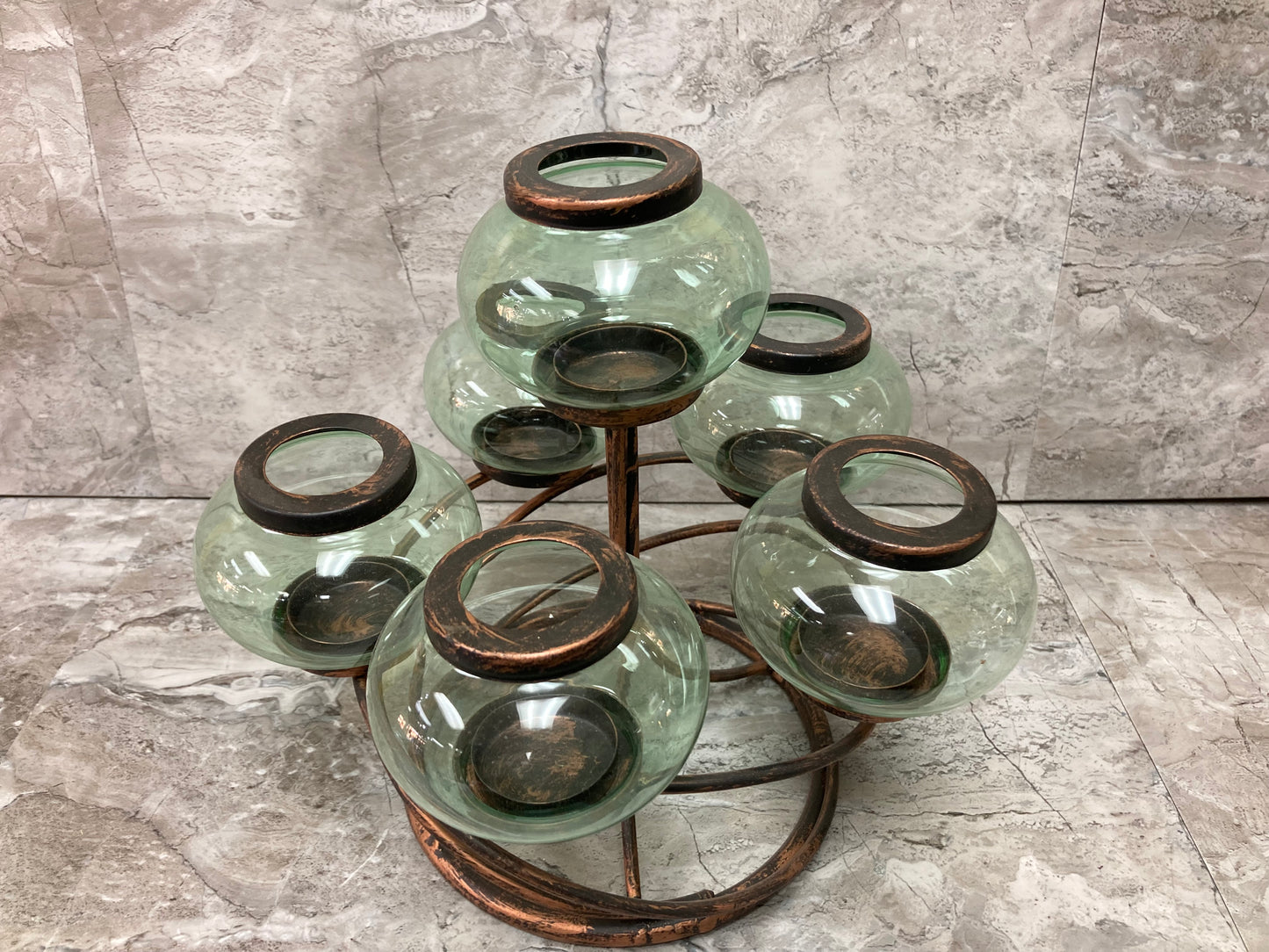 Antique color Metal candle holder Stand 6 Tea Light Candle holders and 6 Green Glasses unique and elegant.