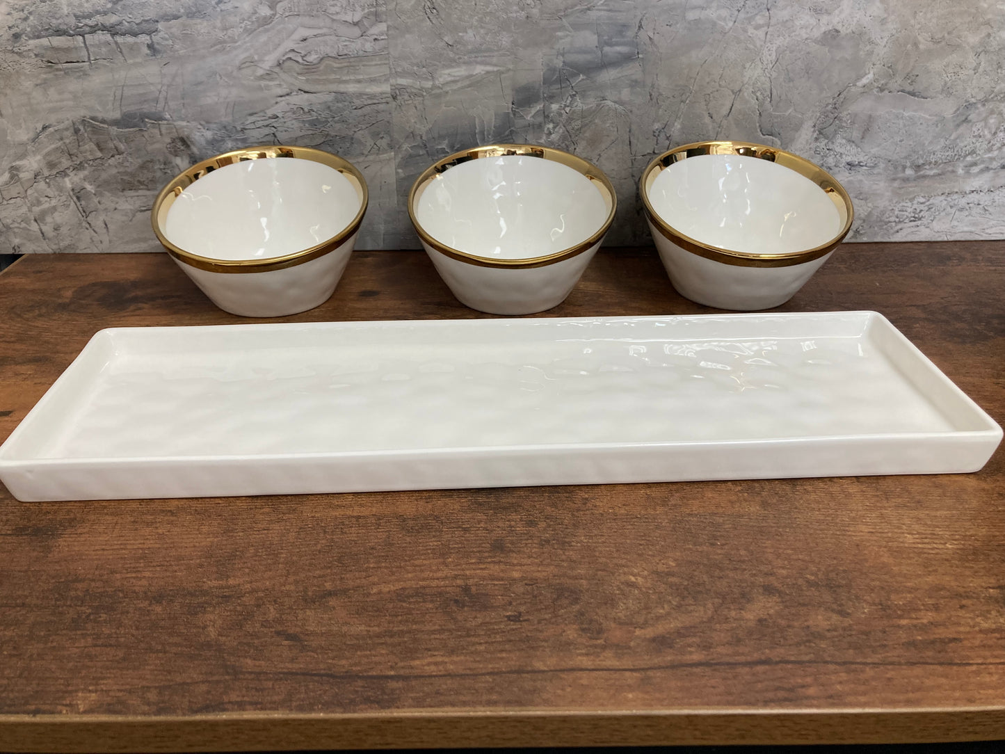 Ceramic 4 pcs set Tray with 3 round bowls with Gold Rim ,Perfect for Serving Dish Olives sauces...