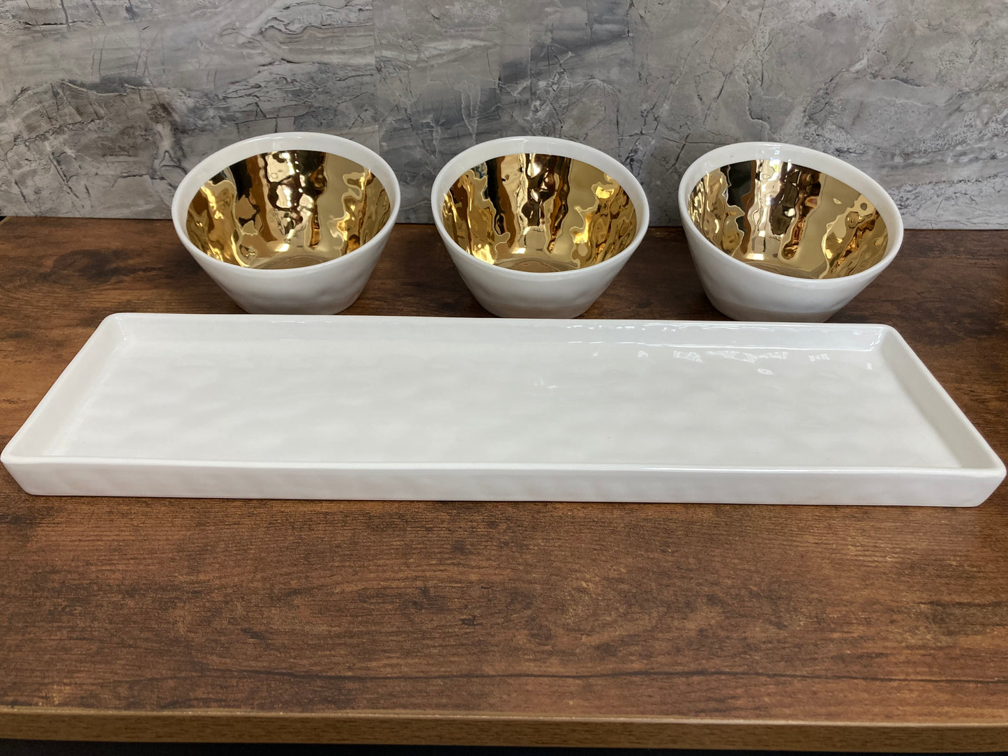 Ceramic 4 pcs set Tray with 3 oval shape bowls inside gold ,Perfect for Serving Dish Olives sauces...