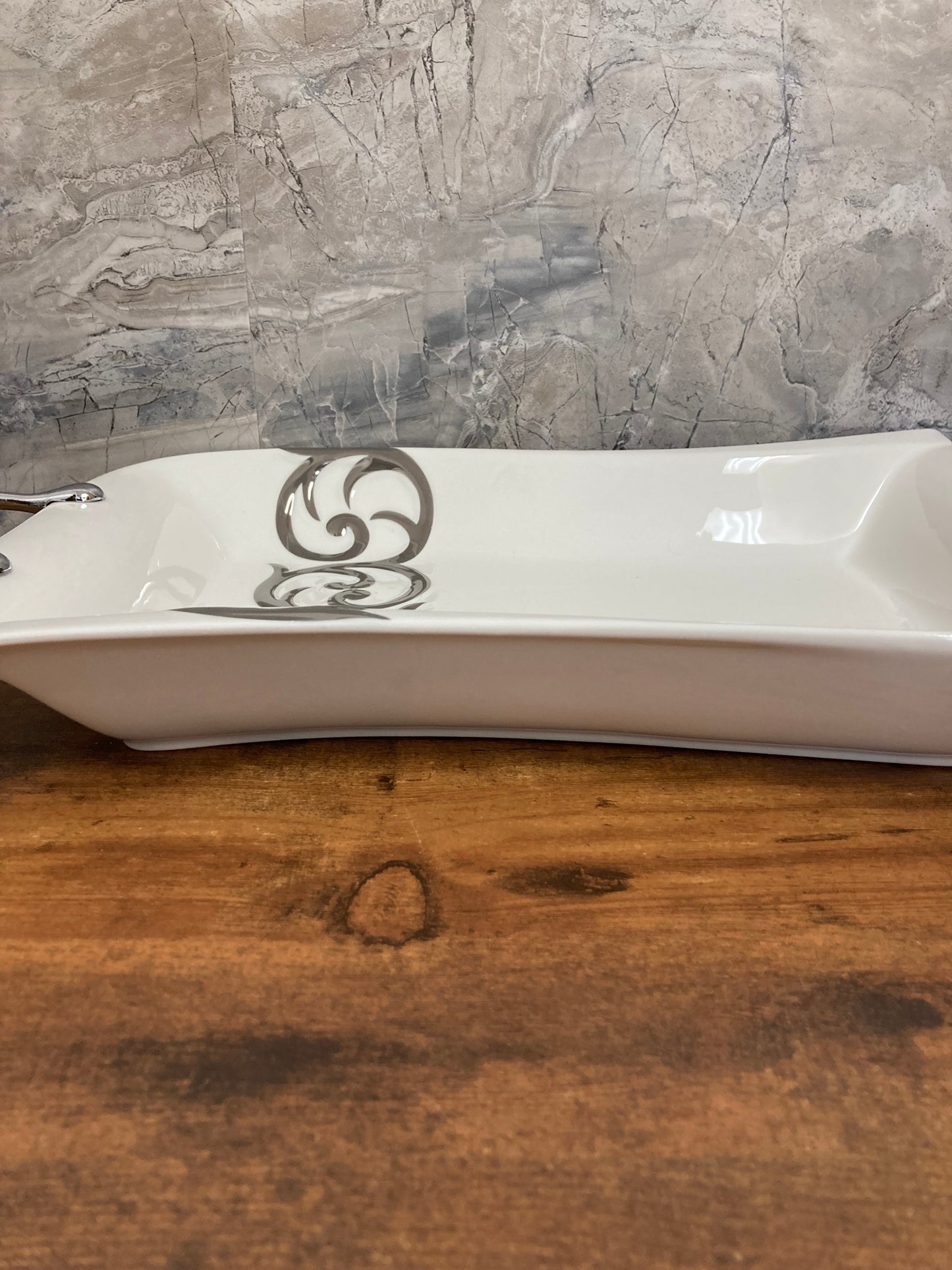 White Ceramic Serving Dish, With Silver color handles and Design , Deep Tray Platter Stylish.