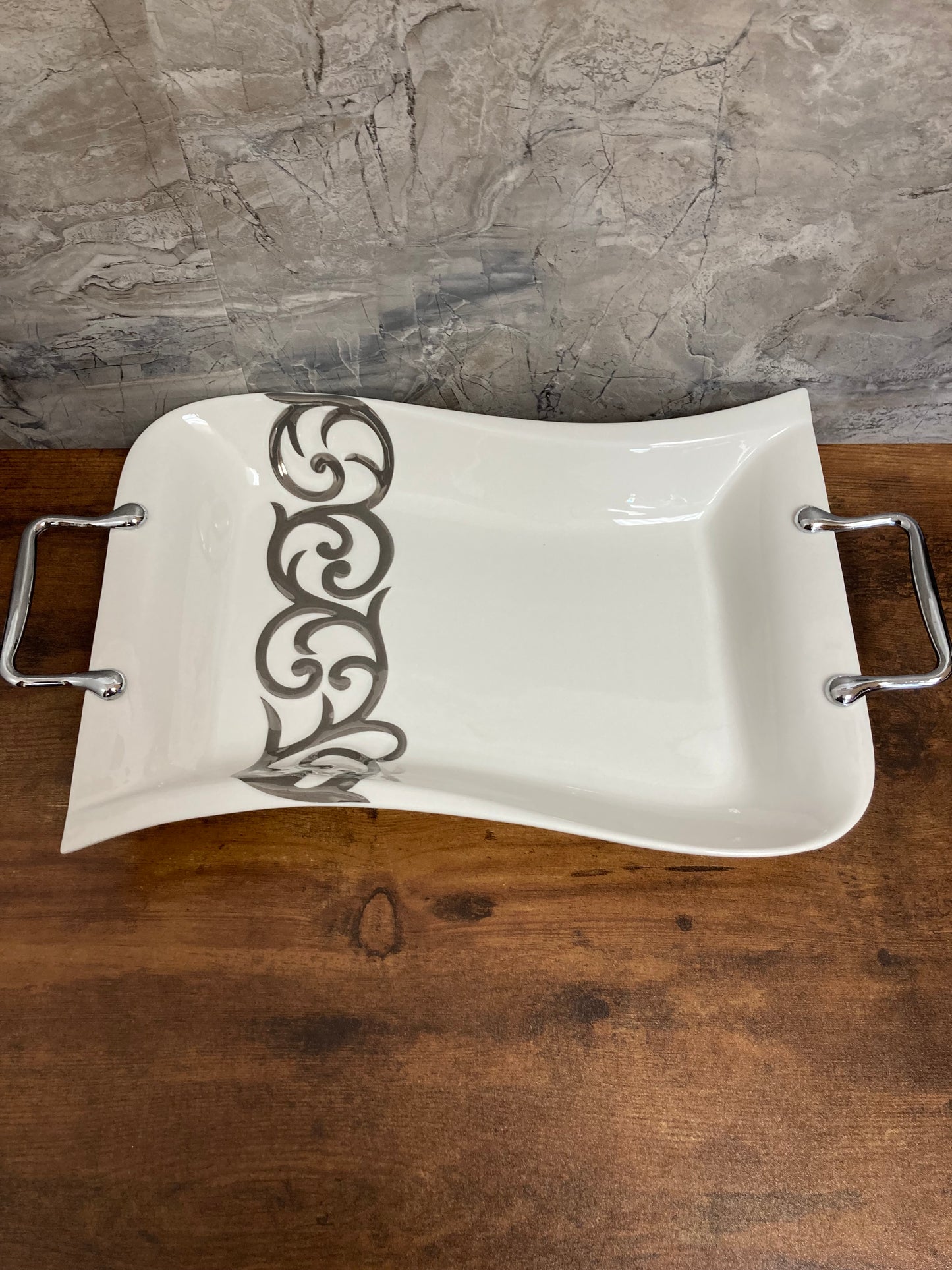 White Ceramic Serving Dish, With Silver color handles and Design , Deep Tray Platter Stylish.