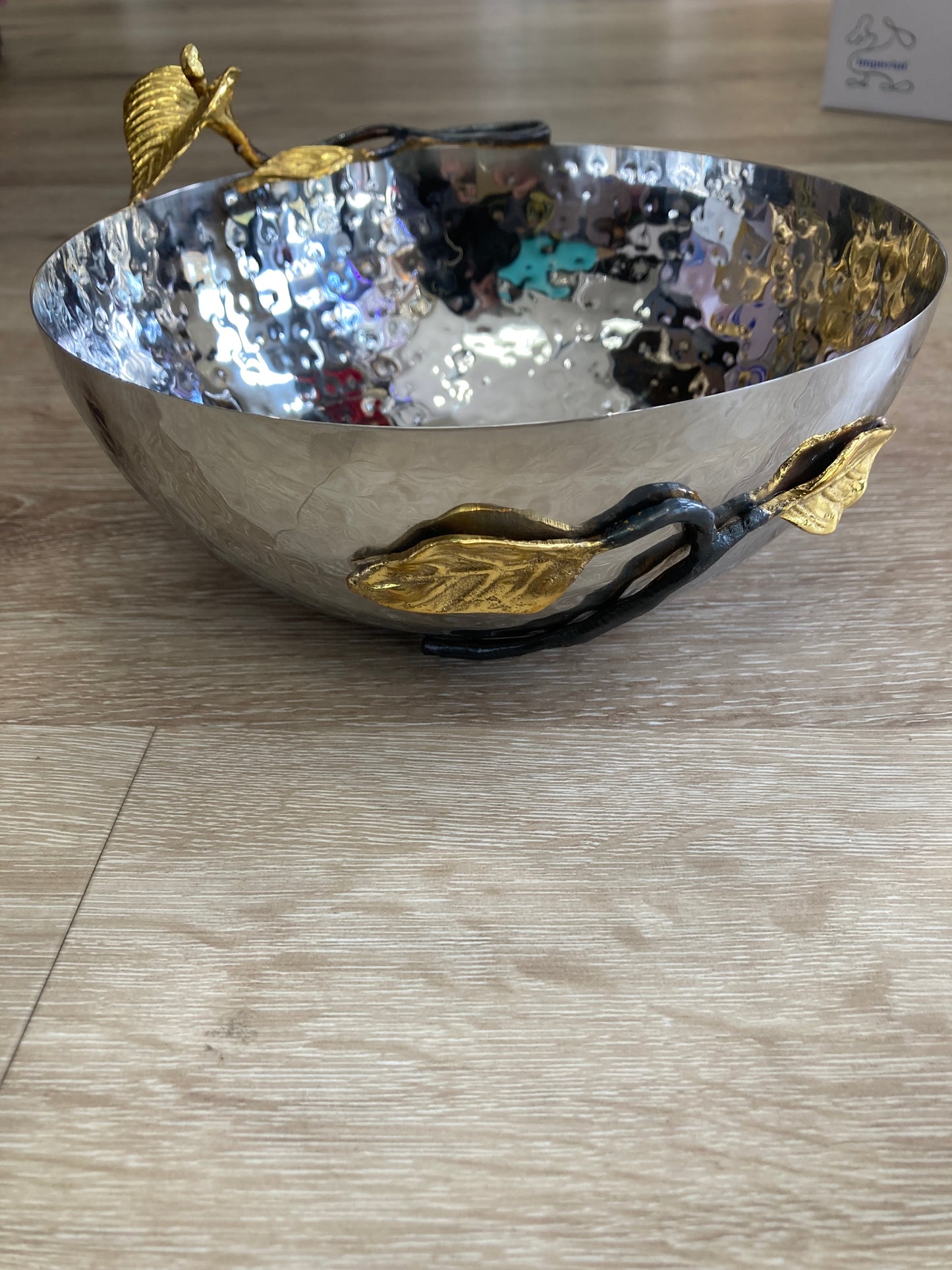 Stainless steel Salad Serving Dish, Fruit Bowl Hammered pattern ,Antique look design with flower.