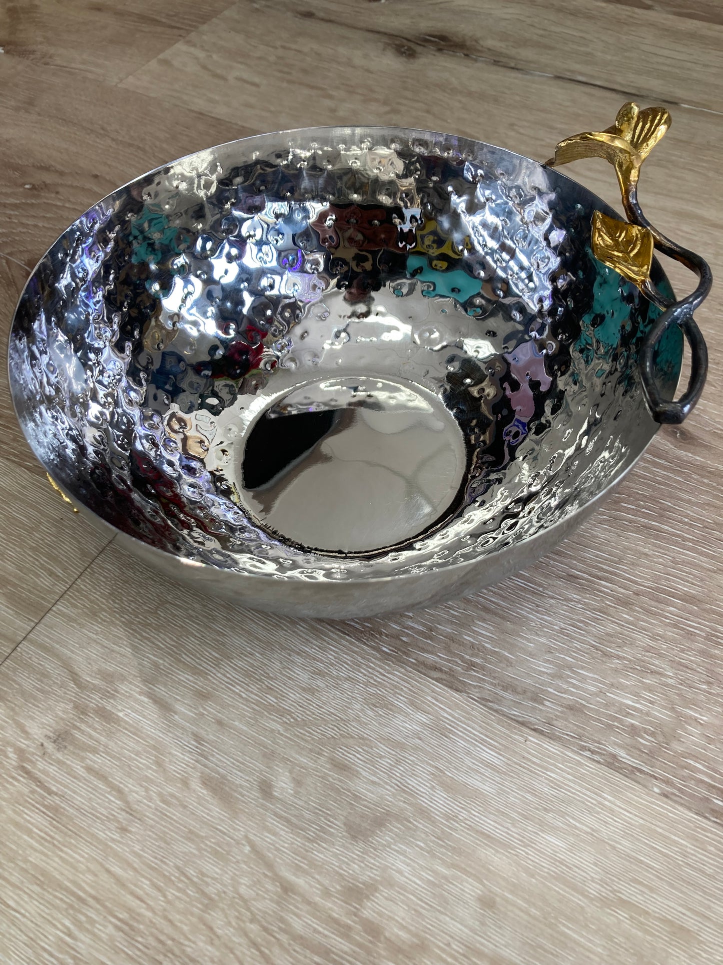 Stainless steel Salad Serving Dish, Fruit Bowl Hammered pattern ,Antique look design with flower.