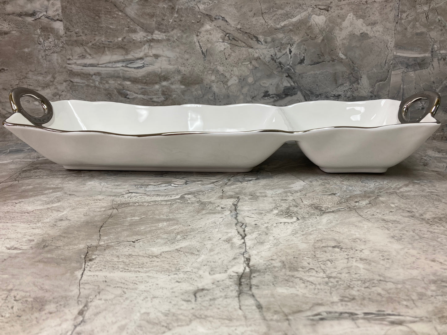 Ceramic Serving Dish  2 Divided Platter Tray with Silver Rim. Modern