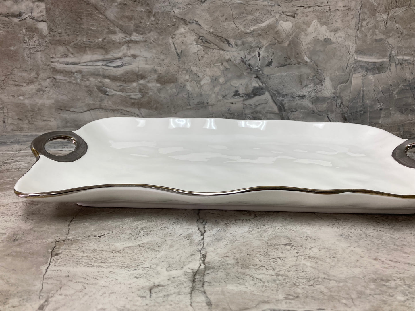 Ceramic Serving Dish, Hammered pattern ,Tray Platter with Silver Rim Stylish