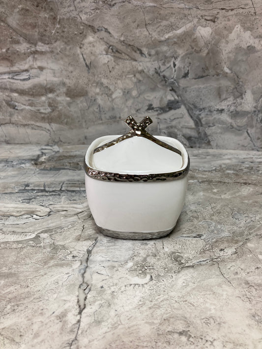 Square Ceramic Sugar Candy Bowl With Lid .Silver Rim .
