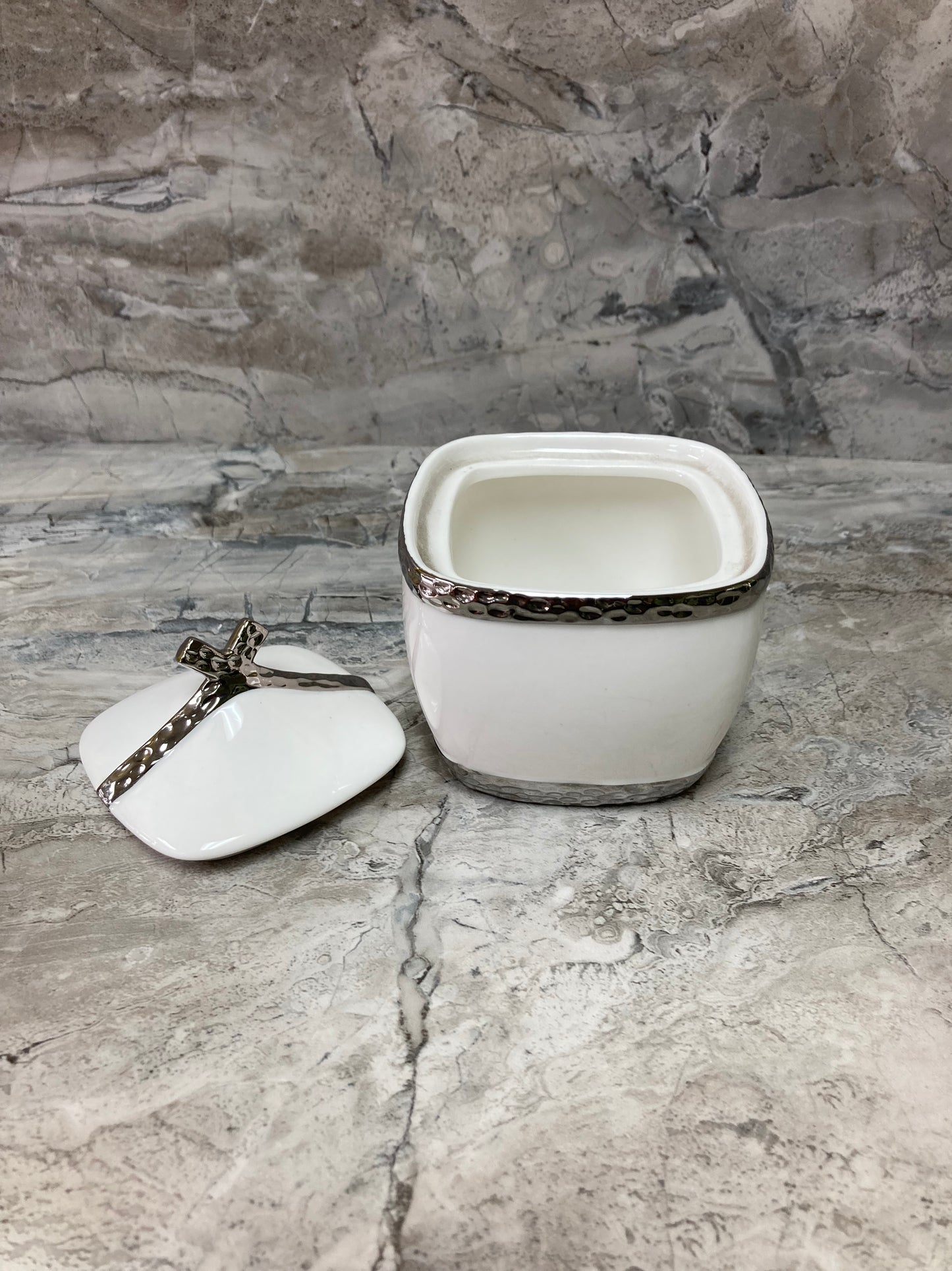 Square Ceramic Sugar Candy Bowl With Lid .Silver Rim .