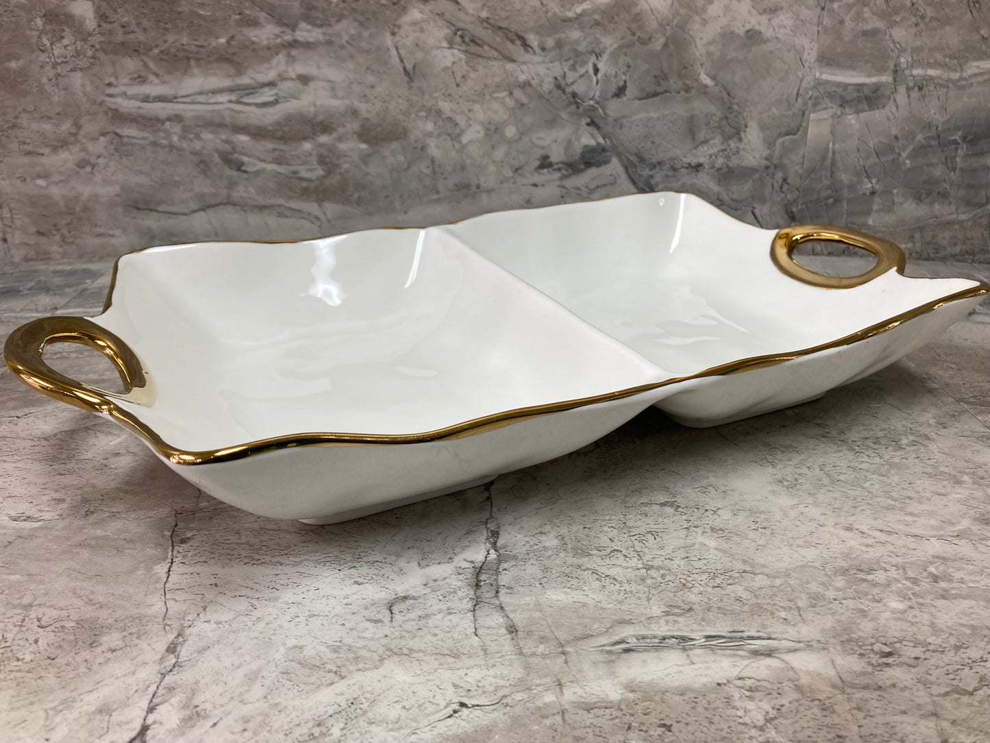 Ceramic Serving Dish  2 Sections Platter Tray with Gold Rim. Hammered pattern Modern and stylish