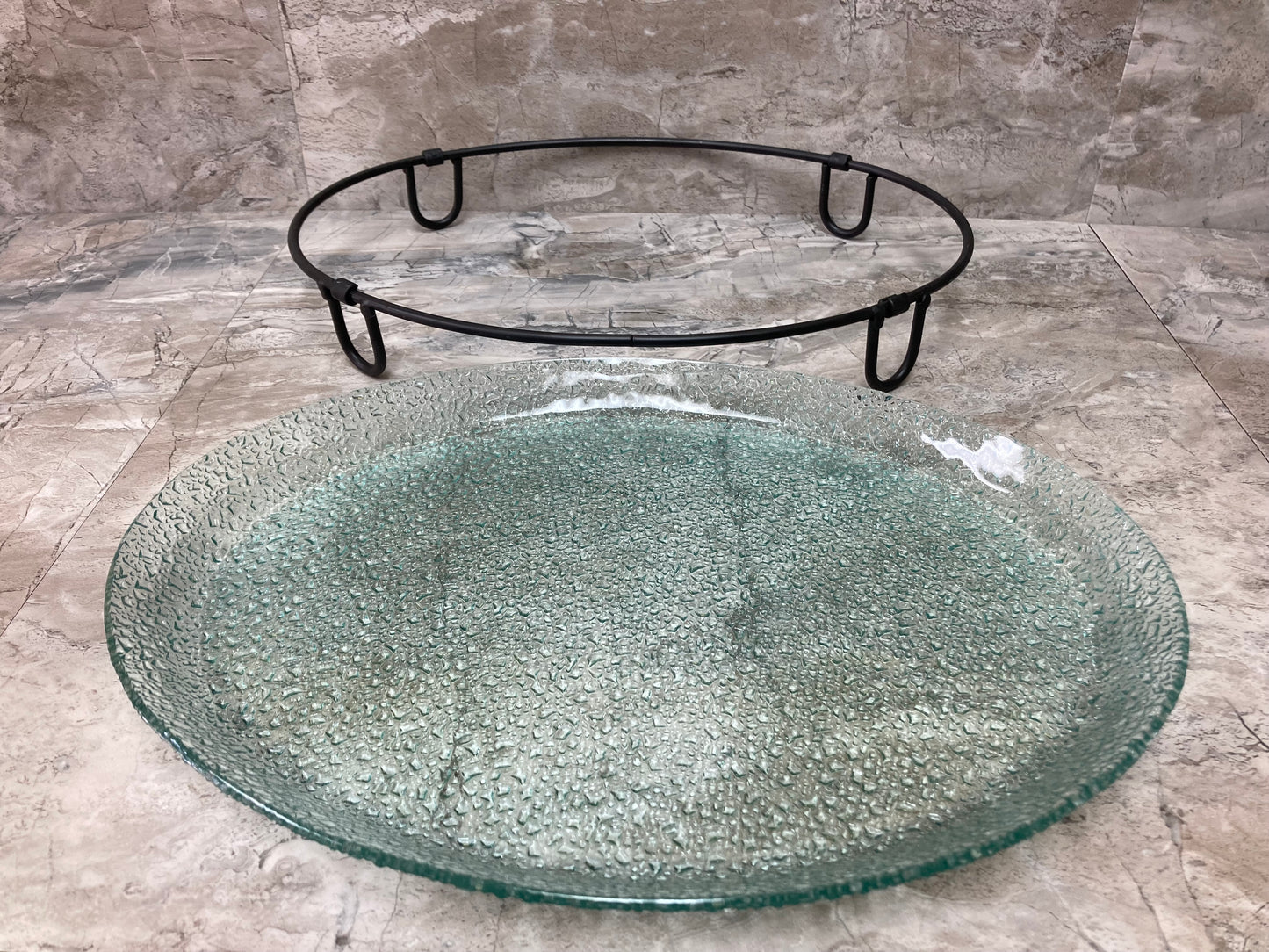 Oval Glass Serving Tray Platter With Iron Stand Elegant Shape Food Safe