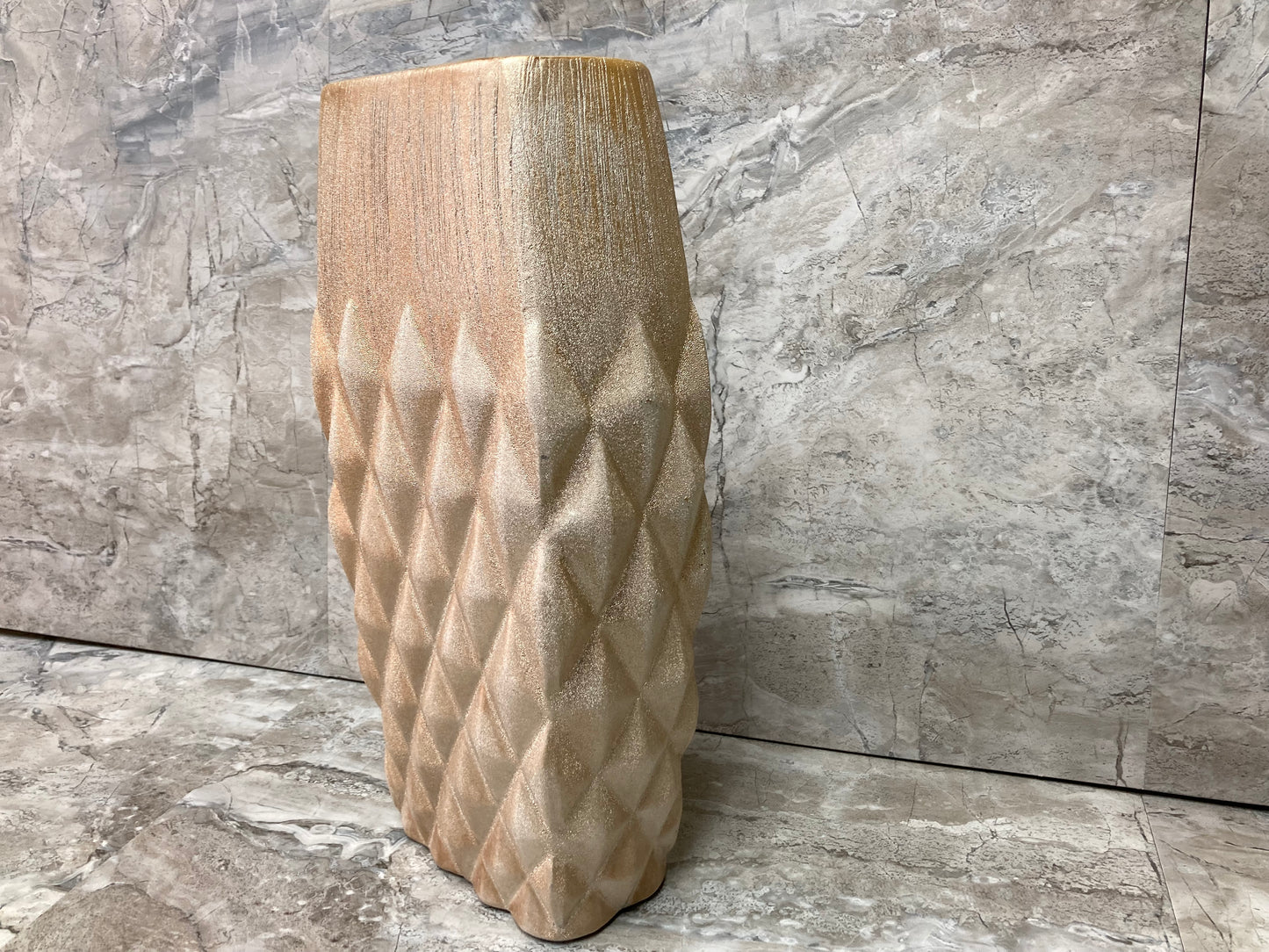 Modern Ceramic Flower Vase Brushed finish Gold color ,Banded top and Embossed Diamond pattern Design.
