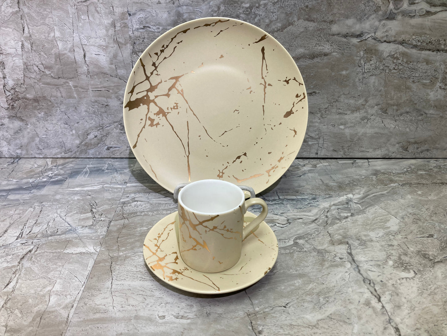 Ceramic Beige Marble Pattern 18 Pcs Coffee Espresso set cup saucer dessert plate .Set of 6.